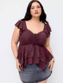 Cider - Lace Sweetheart Women’s Ruffle Hem Knotted Top Burgundy