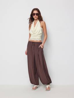 Cider - High Stretch Women Halter Neck Lace Panel Crop Top Beige
