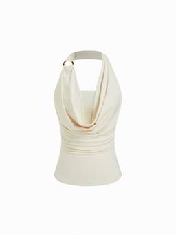 Cider - O-Ring Women's Ruched Halter Neck Crop Top Beige