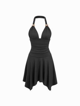 Cider - High Stretch Women Halter Neck Asymmetrical Flared Mini Dress Black