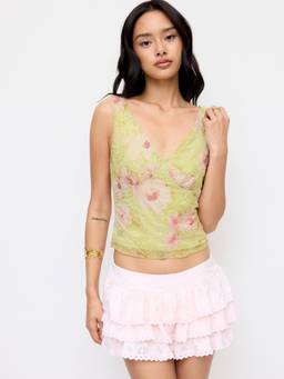 Cider - Floral Embroidery Women Sheer V-Neck Tank Top Green