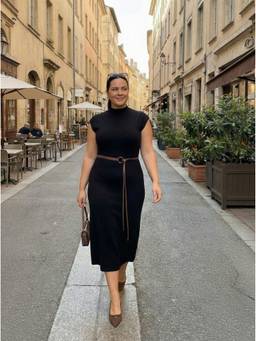 Cider - Knit Women's High Neck Belted A-Line Maxi Dress Black