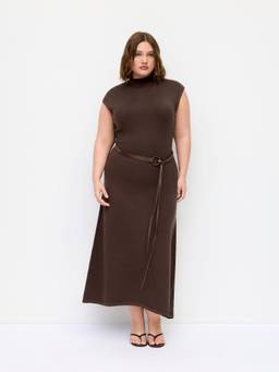 Cider - Knit Women's Belted High Neck A-Line Maxi Dress Brown