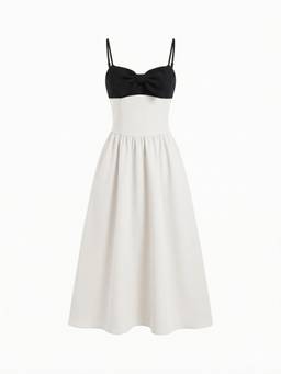 Cider - Bowknot Women's Scoop Neck Flared Midi Dress Beige