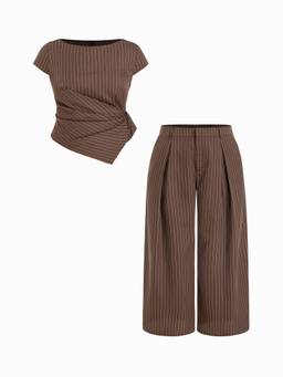 Cider - Striped Women's Boat Neck Wrap Pant Set Brown