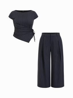 Cider - Striped Women's Wrap Boat Neck Pant Set Navy Blue