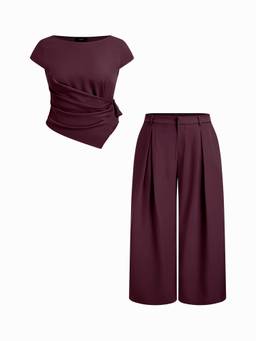 Cider - Striped Women's Boat Neck Wrap Pant Set Purple
