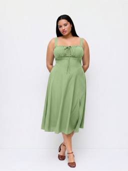 Cider - Corset Ruffle Women's Square Neck Split Maxi Dress Green
