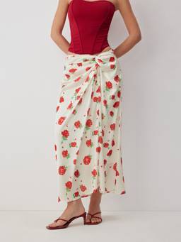 Cider - Satin Women's Floral Print Mid-Rise Wrap Maxi Skirt Beige