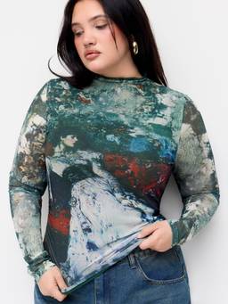 Cider - Mesh Oil Painting Women’s High Neck Lettuce Trim Bodysuit Multi-Color