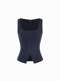 Cider - Cotton Women's Scoop Neck Button Front Crop Top Navy Blue