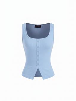 Cider - Cotton Women Scoop Neck Button Front Asymmetrical Crop Top Blue