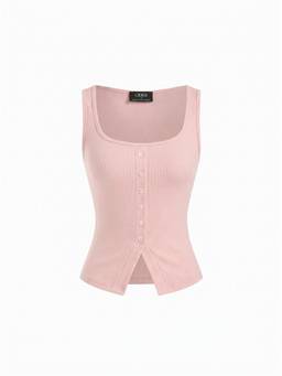 Cider - Ribbed Cotton Women’s Button Front Scoop Neck Crop Top Pink
