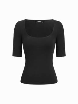 Cider - Cotton-Blend Women Scoop Neck Mid Sleeve Tee Black