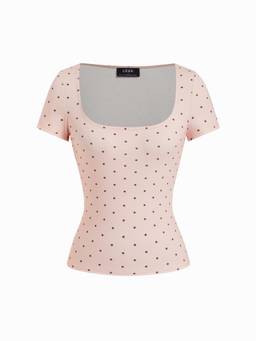 Cider - Cotton Blend Women Polka Dot Scoop Neck Short Sleeve Top Pink
