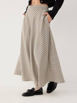 Cider - Jacquard Women's High-Waist Check Flared Maxi Skirt Mocha
