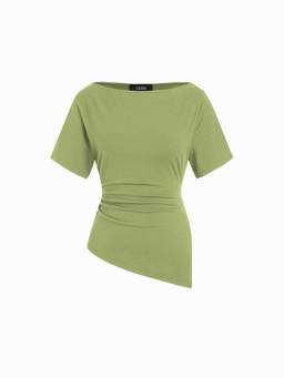 Cider - Cotton Blend Women Ruched Asymmetrical Hem Tee Green