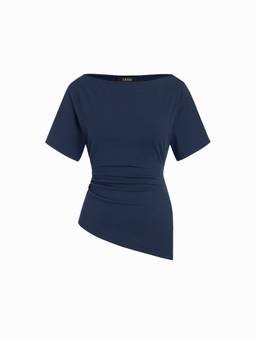 Cider - Cotton Blend Women Ruched Asymmetrical Hem Tee Navy Blue