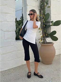 Cider - Cotton Blend Women Ruched Asymmetrical Hem Tee White