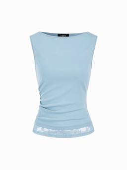 Cider - High Stretch Women’s Lace Panel Boat Neck Crop Top Blue