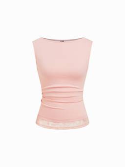 Cider - High Stretch Women’s Boat Neck Lace Panel Crop Top Pink