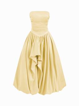 Cider - Satin Women's Strapless Ruched Lace-Up Maxi Dress Yellow