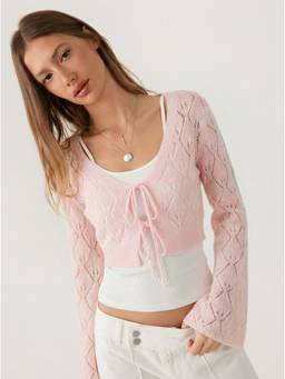 Cider - Knit Textured Women Tie-Up Bell Sleeve Cardigan Pink