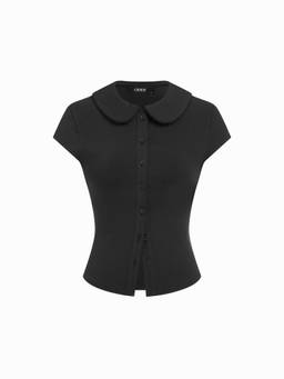 Cider - Cotton Blend Women Lace Trim Collar Button Front Top Black