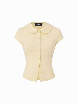 Cider - Cotton Blend Women Lace Trim Collar Button Front Top Yellow