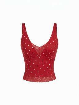 Cider - Cotton Women's V-Neck Lace Panel Tank Top Red