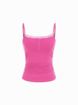 Cider - Lace Panel Women's Ruched Henley Neck Cami Top Carmine