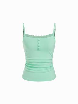 Cider - Lace Panel Women's Ruched Henley Cami Top Green