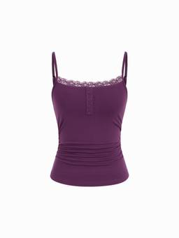 Cider - Lace Panel Ruched Women's Henley Neck Cami Top Purple