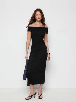 Cider - Wool-blend Knit Women's Off-Shoulder Ruched Maxi Dress Black