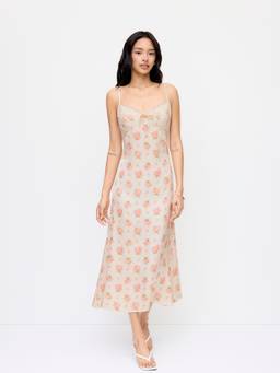 Cider - Satin Women's V-Neck Floral Lace Cami Maxi Dress Cream