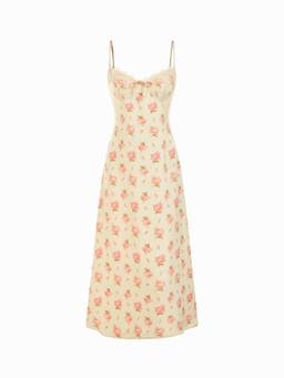 Cider - Satin Women's Floral Lace V-Neck Knotted Maxi Dress Yellow