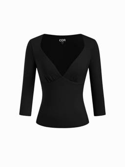 Cider - Ruched Modal Women’s Sweetheart Neck 3/4 Sleeve Top Black