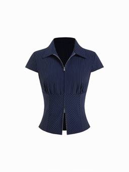 Cider - Striped Women's Collar Zip Front Blouse Blue