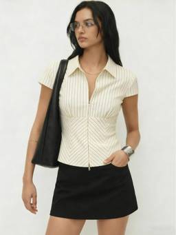Cider - Striped Women's Collar Zip Front Short Sleeve Blouse Cream