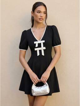 Cider - Lantern Sleeve Women's V-Neck Bow Flared Mini Dress Black