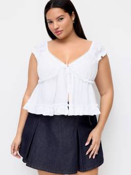 Cider - Broderie Anglaise Women V-Neck Ruffle Hem Blouse White