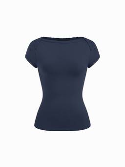 Cider - Cotton Blend Women's Regular Fit Boat Neck T-Shirt Navy Blue