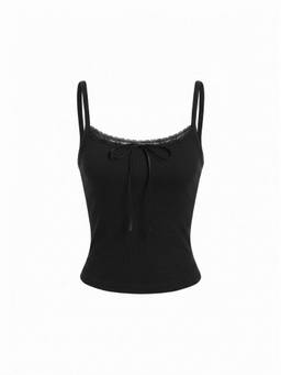 Cider - Textured Women's Lace Trim Scoop Neck Cami Top Black
