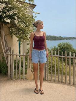 Cider - Textured Women's Lace Trim Scoop Neck Cami Top Wine