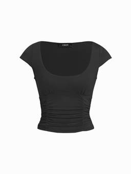 Cider - High Stretch Women’s Ruched Scoop Neck Short Sleeve Top Black
