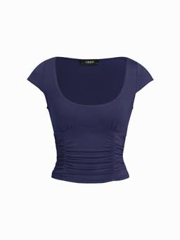 Cider - High Stretch Women’s Ruched Scoop Neck Short Sleeve Top Dark Navy