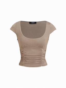 Cider - High Stretch Women's Ruched Scoop Neck Top Tan