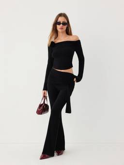 Cider - Ruched Women's Off-Shoulder Flared Pant Set Black
