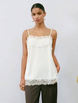 Cider - Lace Trim Women Square Neck Oversized Cami Top Cream