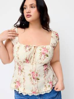 Cider - Floral Lace Trim Women's Ruched Tie-Up Tank Top Pink